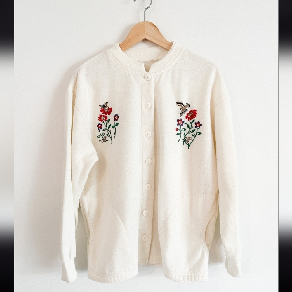 Vintage Floral Stitch Sweater Embroidery Granny Knit Cottage Medium Cardigan